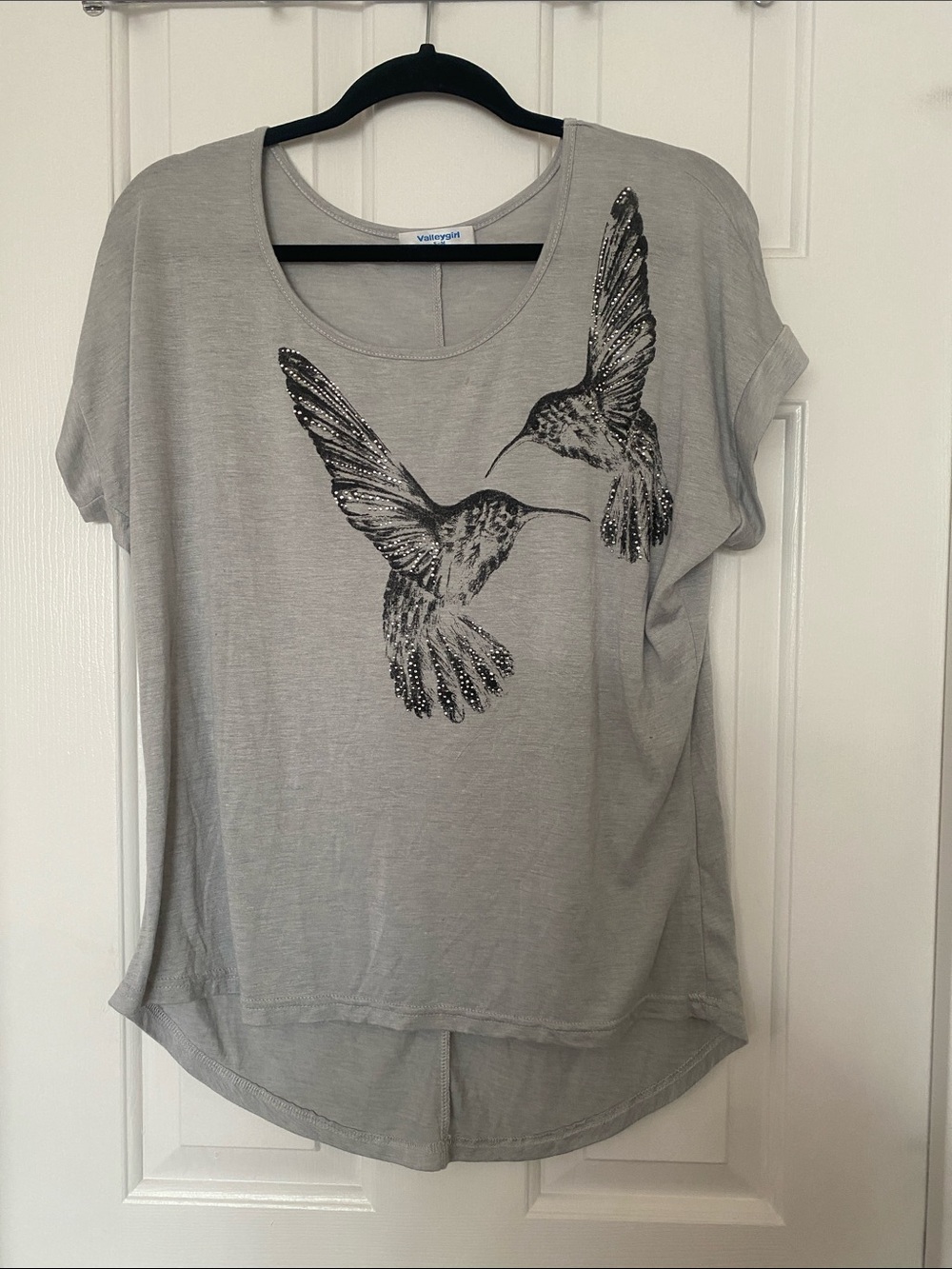 Valleygirl Gray Hummingbird Sequin Short Sleeve Tee